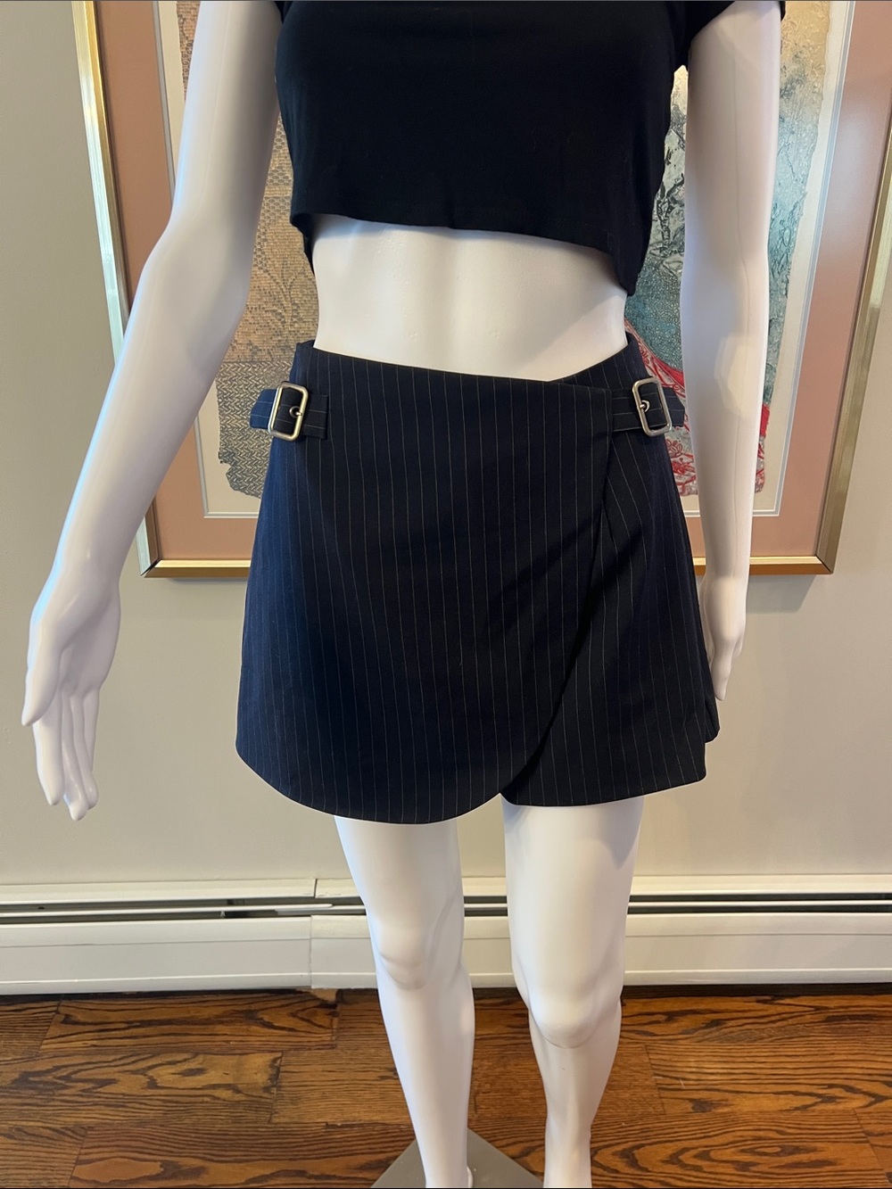 Aqua Navy Pinstripe Wrap Skort with Buckle Details